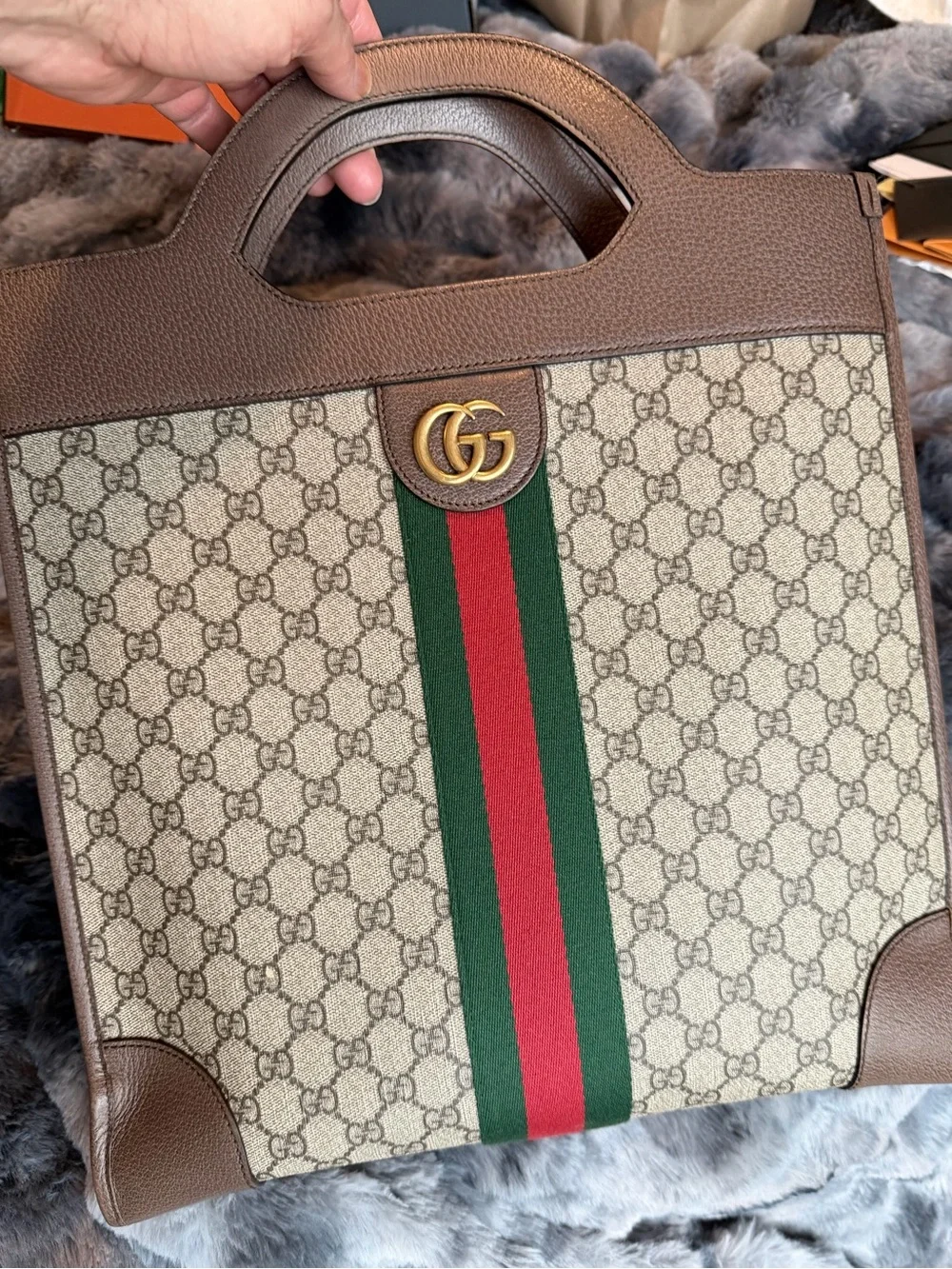 Gucci Brown Monogram tote Bag with Green & Red Web
